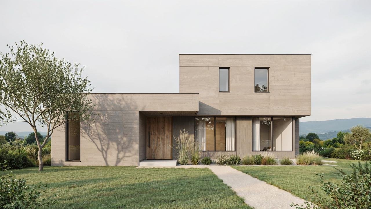 Fiber cement cladding with wood-like appearance on a modern home.