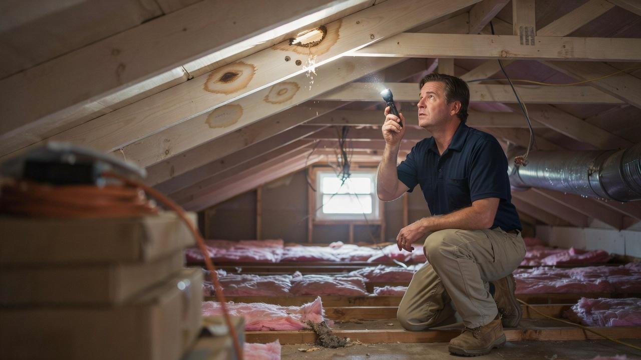 Signs of moisture damage and pest activity in an attic.