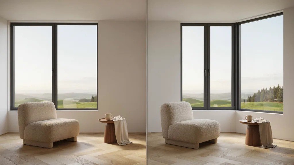 Side-by-side comparison of double-pane and triple-pane windows in a modern home.