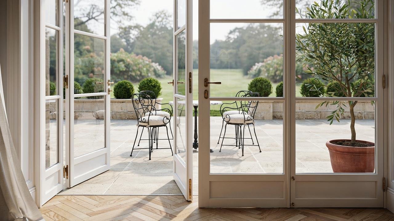Traditional French patio doors opening onto a backyard patio with classic architectural details.