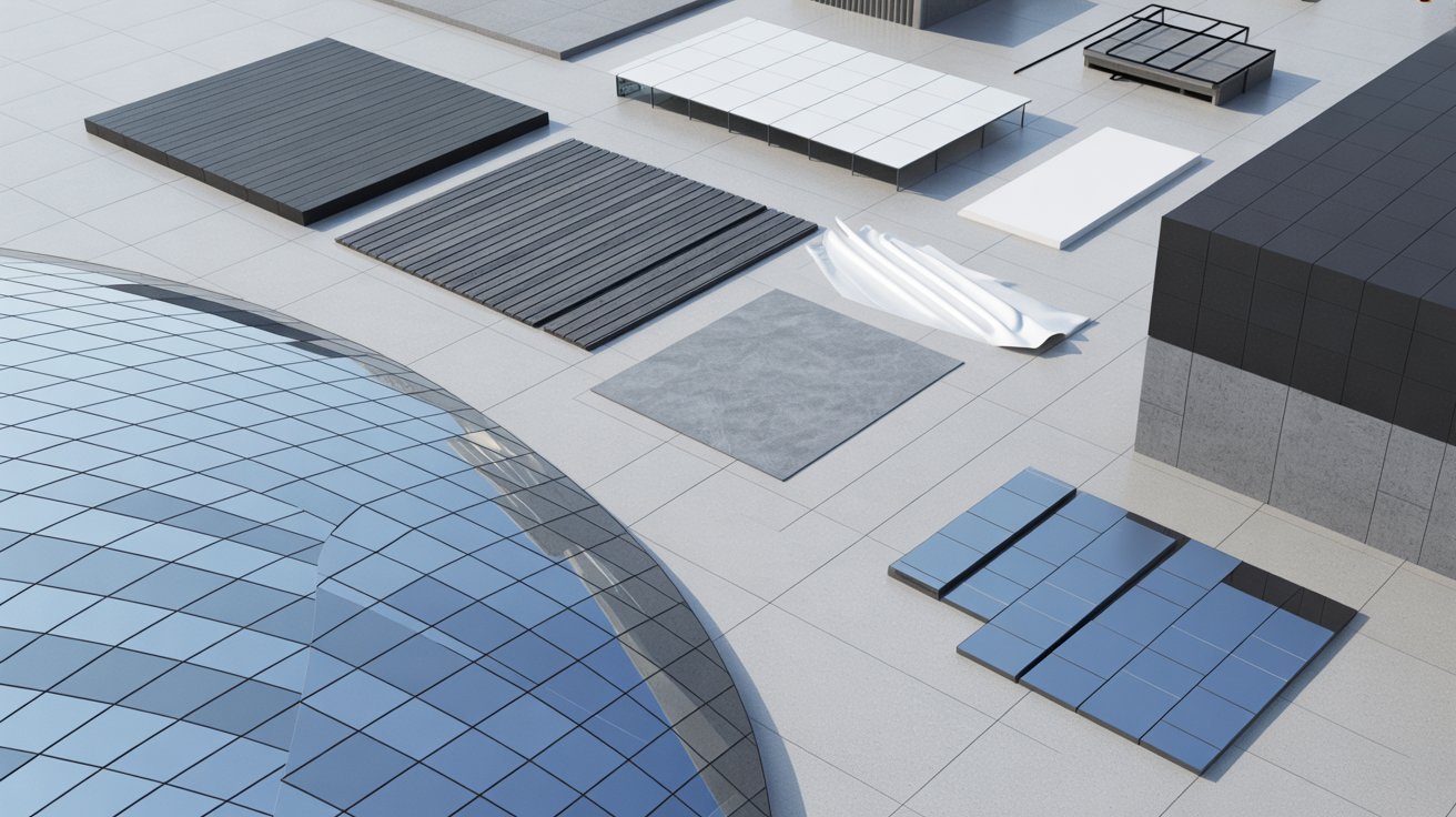Samples of glass, aluminum, steel, GFRC panels, and ETFE used in curved facade construction.