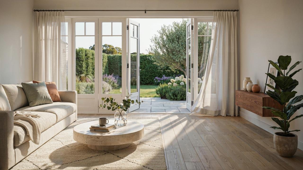 Sunlight streaming through French doors into a bright room.