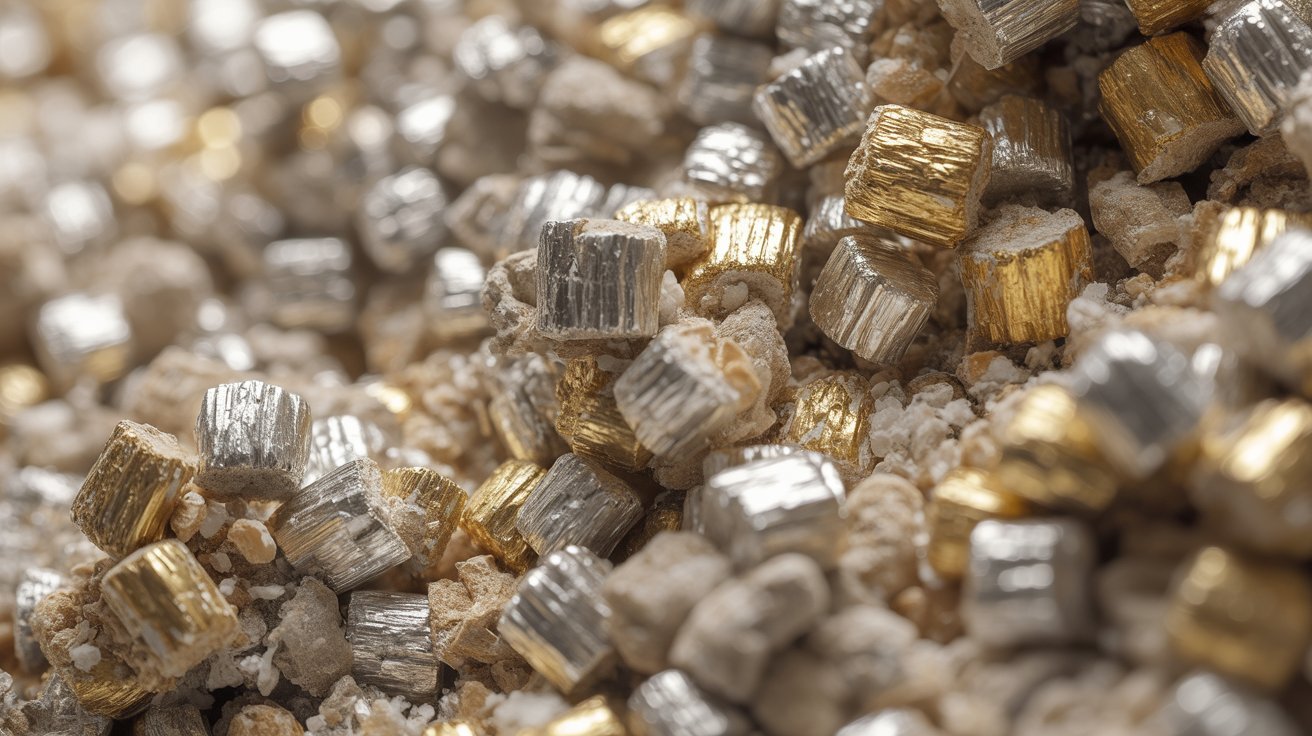 Close-up texture of vermiculite insulation showing shiny mineral particles.