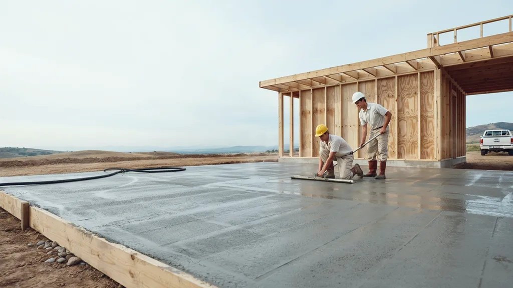Workers pouring a flat concrete slab foundation for a simple residential building.