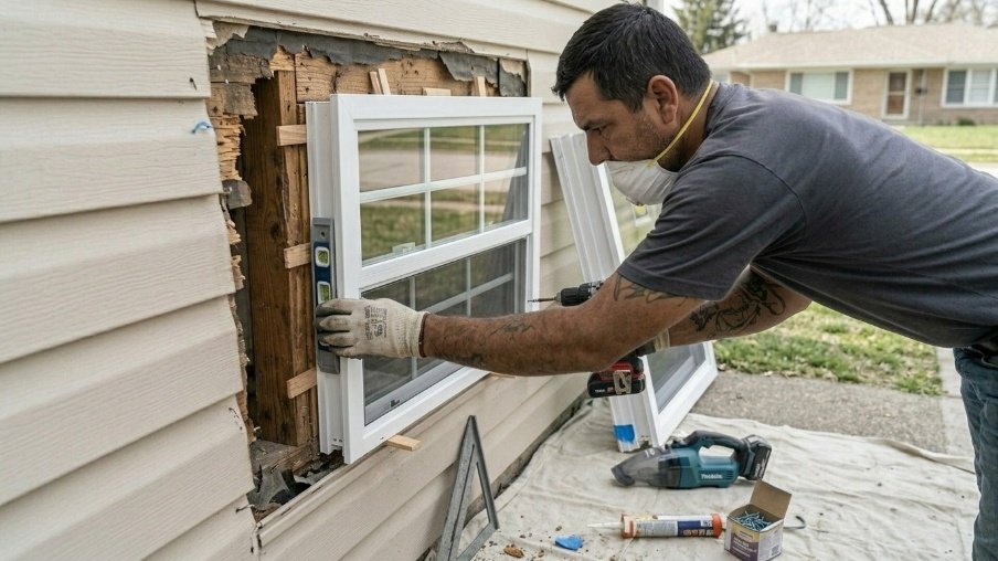 Installing a full-frame replacement window directly into the wall opening.