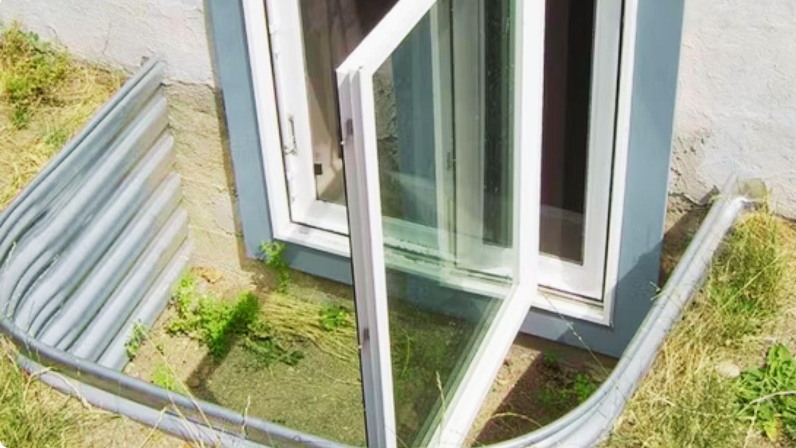 Aerial view of large casement egress window swung open inside corrugated metal window well with weeds growing around white stucco foundation.