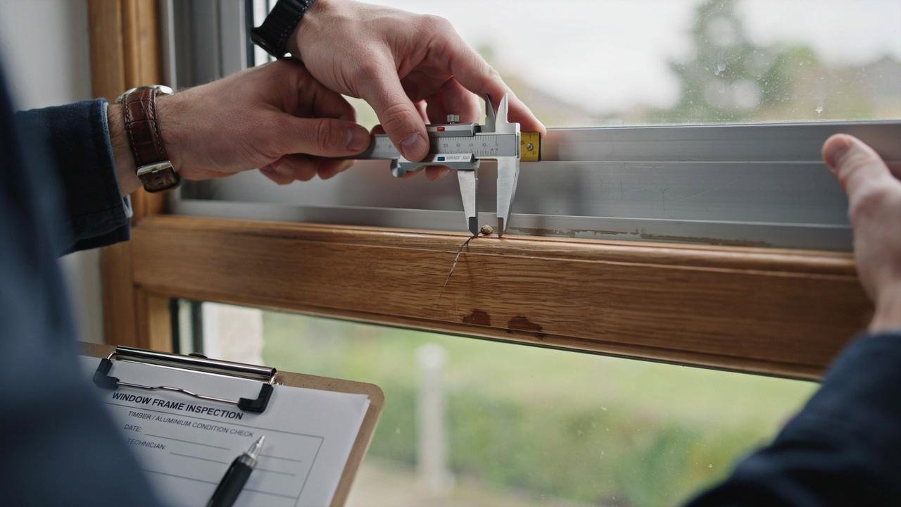 Installer inspecting window frames before retrofit double glazing installation.