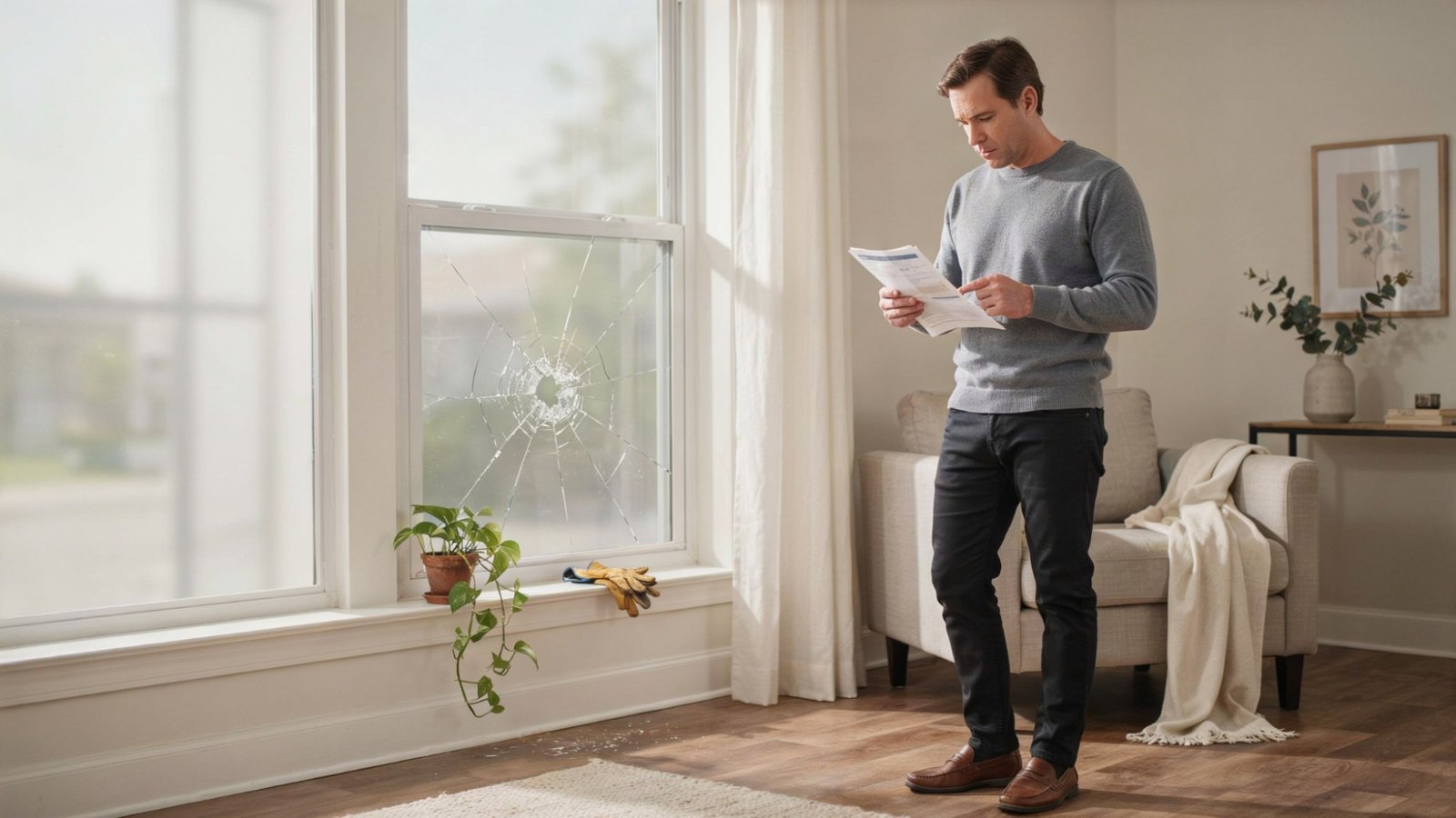 Homeowner assessing a cracked window and planning for glass replacement costs.