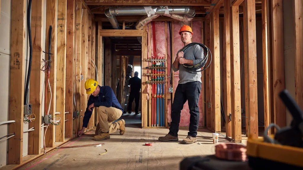 Installing plumbing, electrical, and HVAC systems inside a custom home.