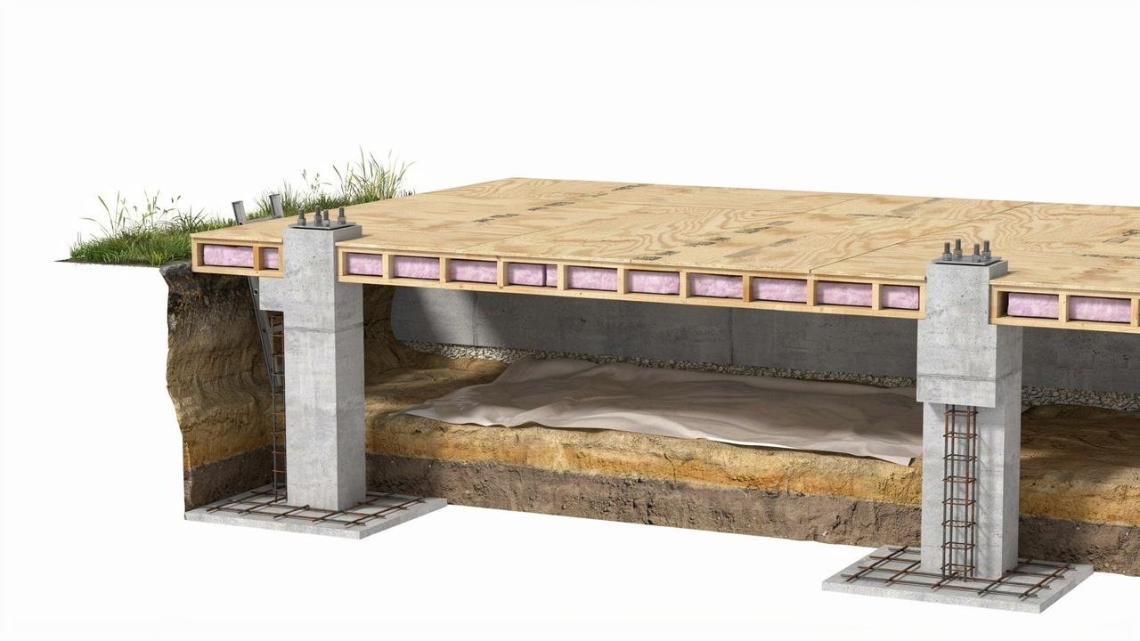 Cross-section showing the main parts of a pier and curtain wall foundation.