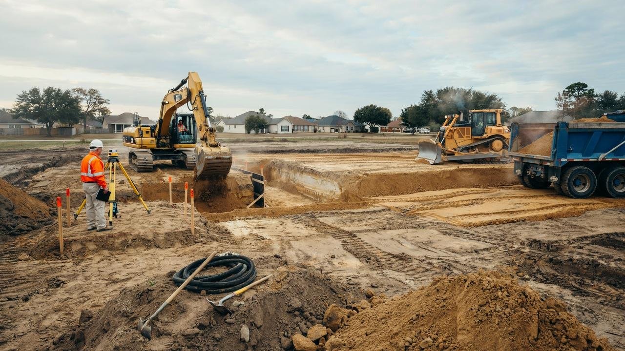 Excavator digging and grading soil for a construction foundation.