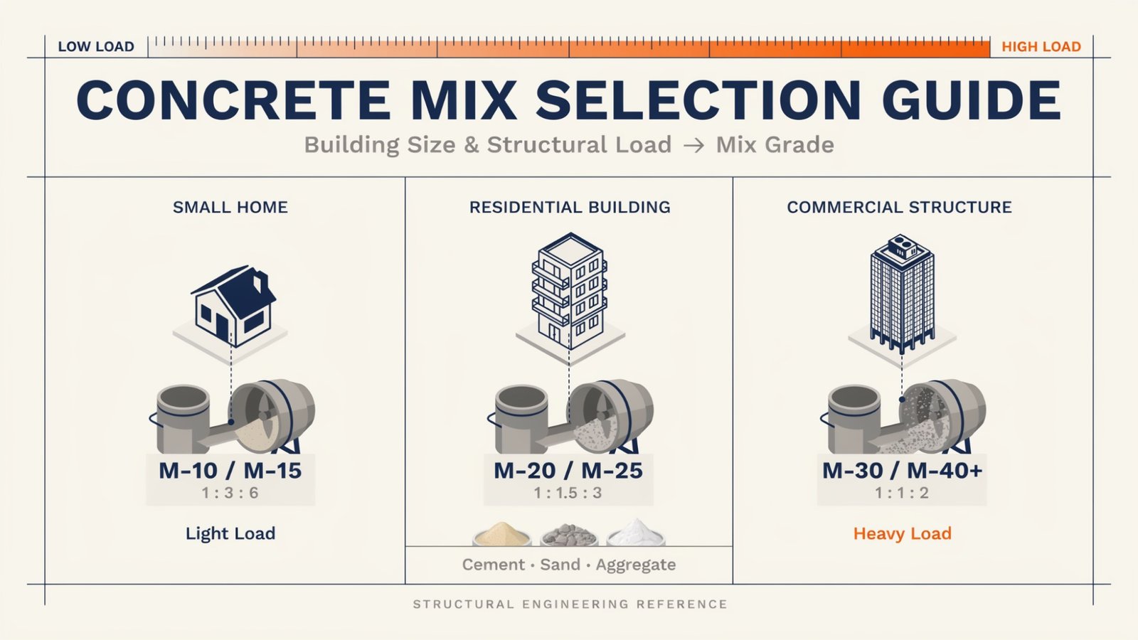 Guide showing how concrete mix ratios are selected based on building load and foundation requirements.
