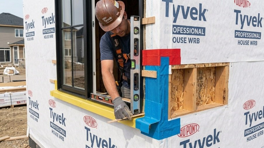 Setting a window into place using shims and leveling tools for proper alignment.