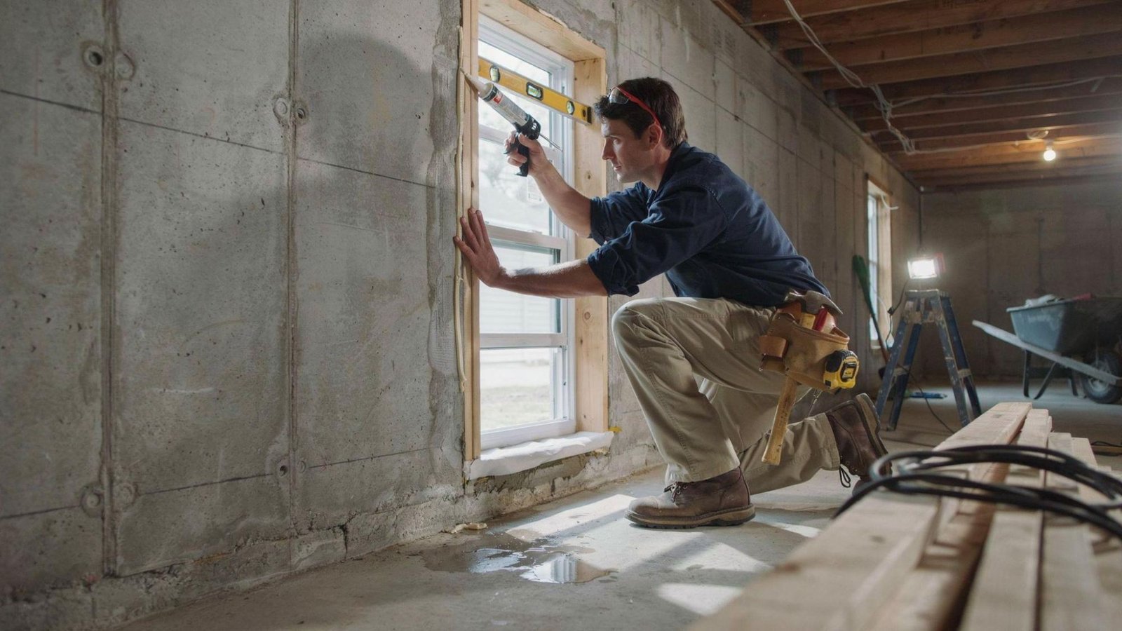 Contractor installing and sealing basement egress window in foundation wall opening.
