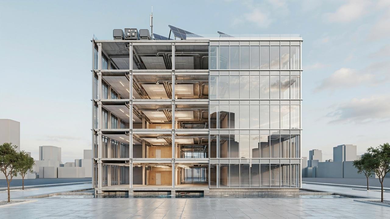 Modern building with glass glazing illustrating single, double, and triple glazing systems in a clean architectural style.