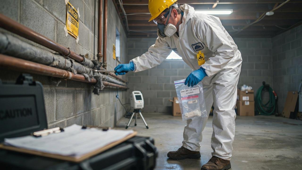 Professional asbestos testing of insulation material in a home.