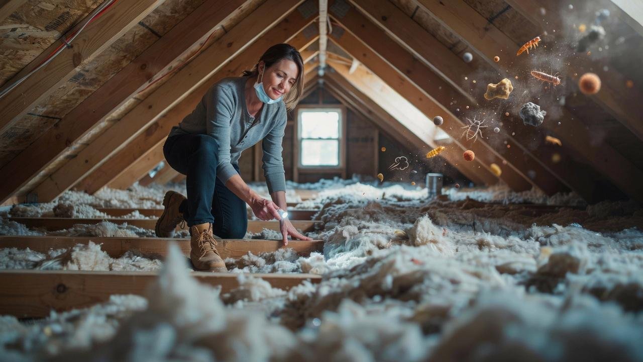Homeowner inspecting cellulose insulation in attic with illustrations of dust, mold, and allergy concerns.
