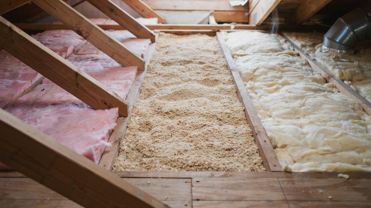 Different types of attic insulation commonly found in residential homes.
