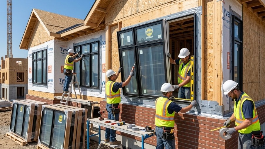 New construction window installation process showing workers fitting and sealing windows in a framed building.