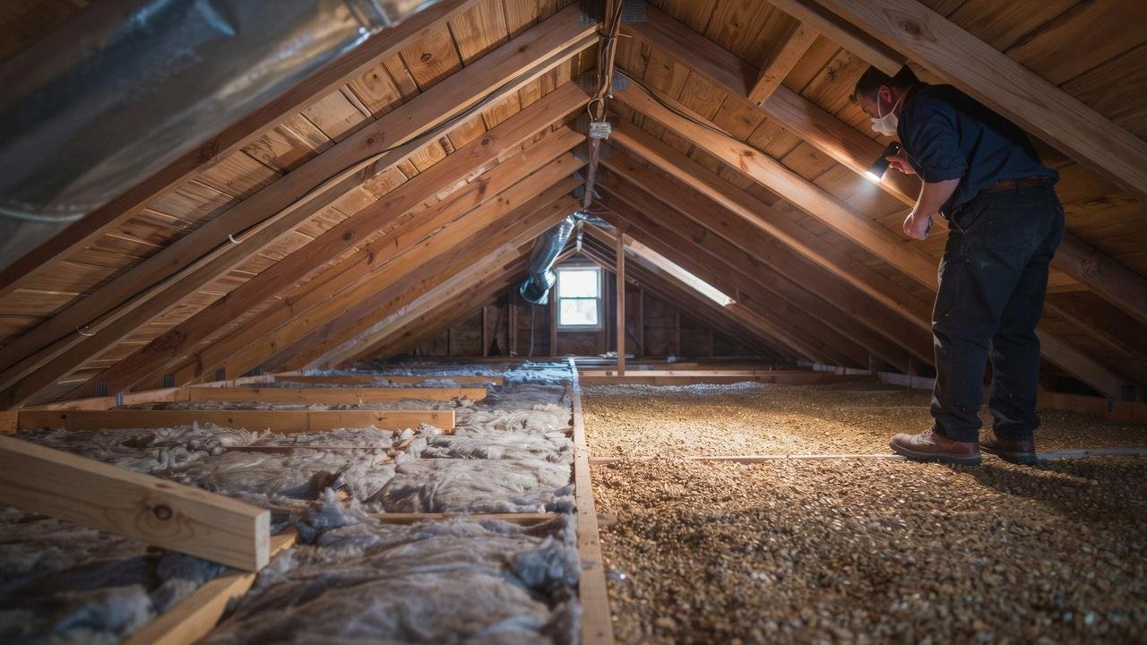 Comparison of cellulose insulation and asbestos-associated vermiculite insulation in a residential attic.