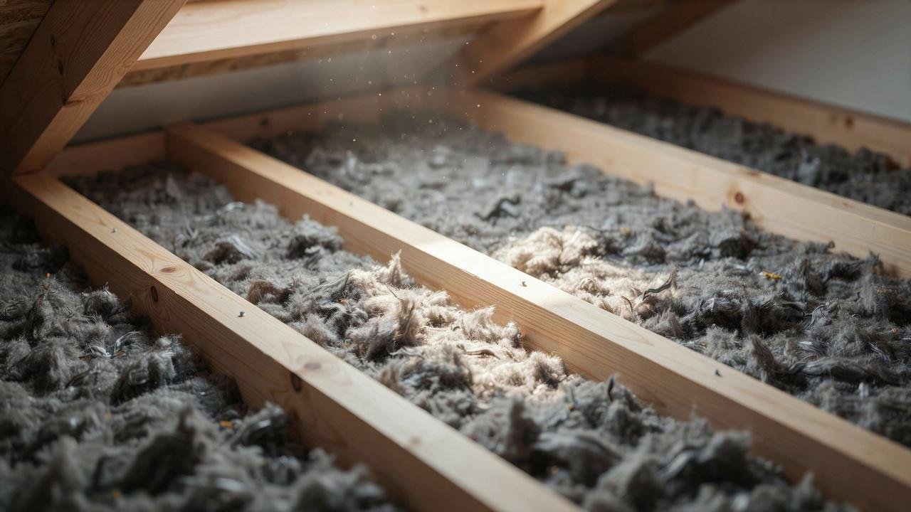 Gray loose-fill cellulose insulation installed in a residential attic.