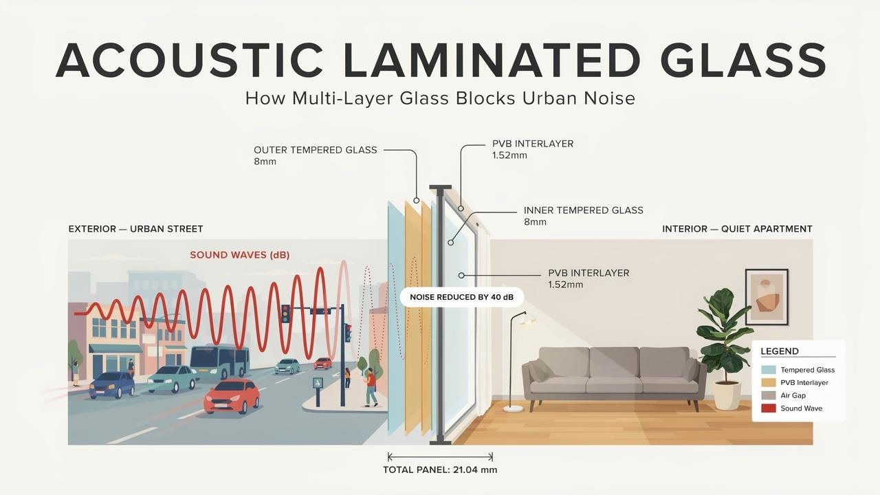 Acoustic glass reduces outside noise using layered construction.