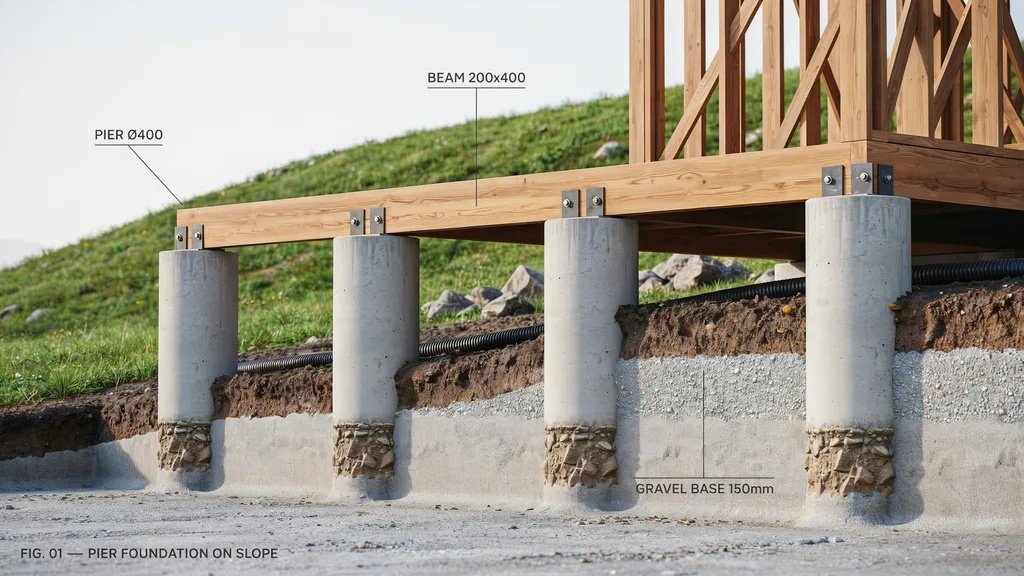 Pier and beam foundation using concrete columns supporting a structure on uneven ground.