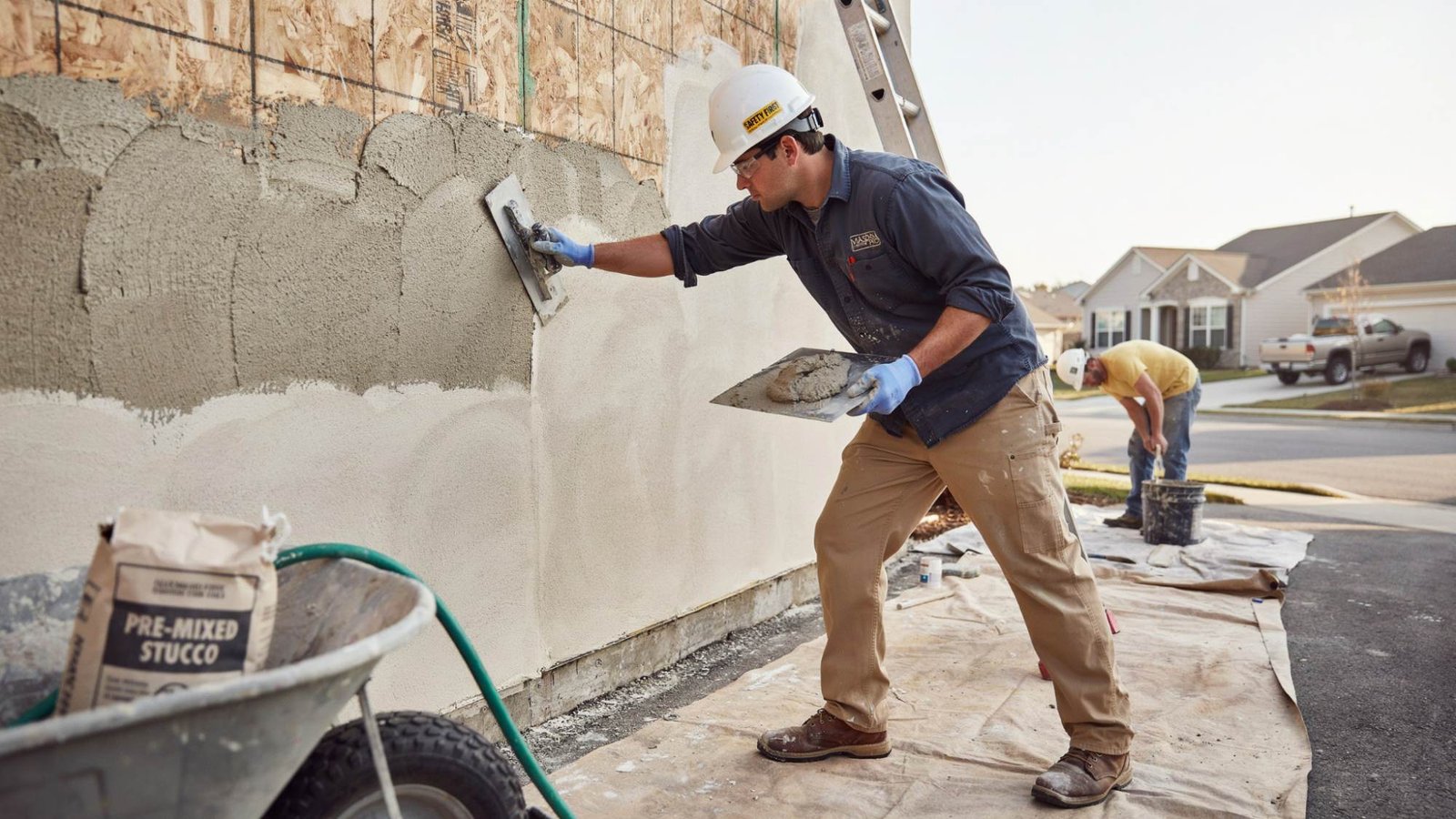 Contractor applying stucco layers to an exterior wall during installation.