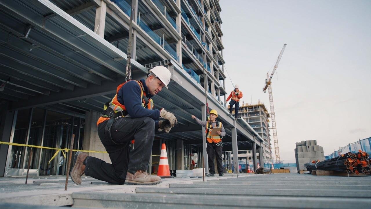 Construction workers following workplace safety procedures with protective equipment.
