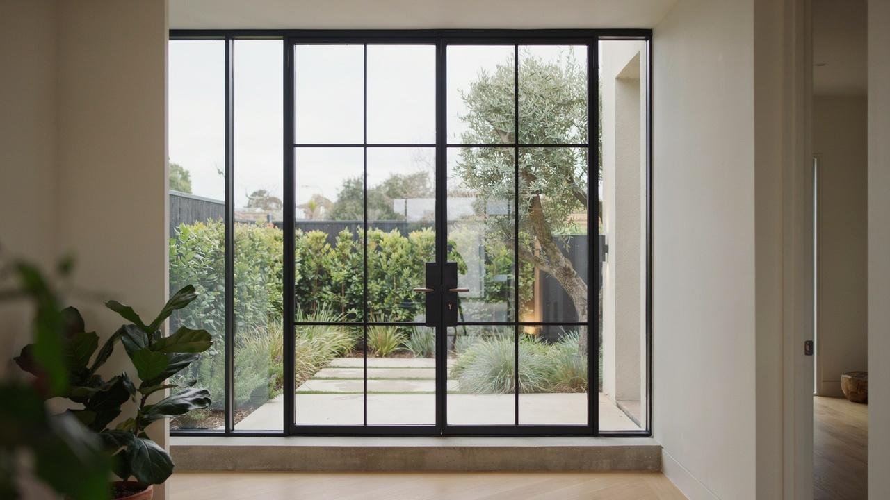 French doors with reinforced safety glass and protective security film.