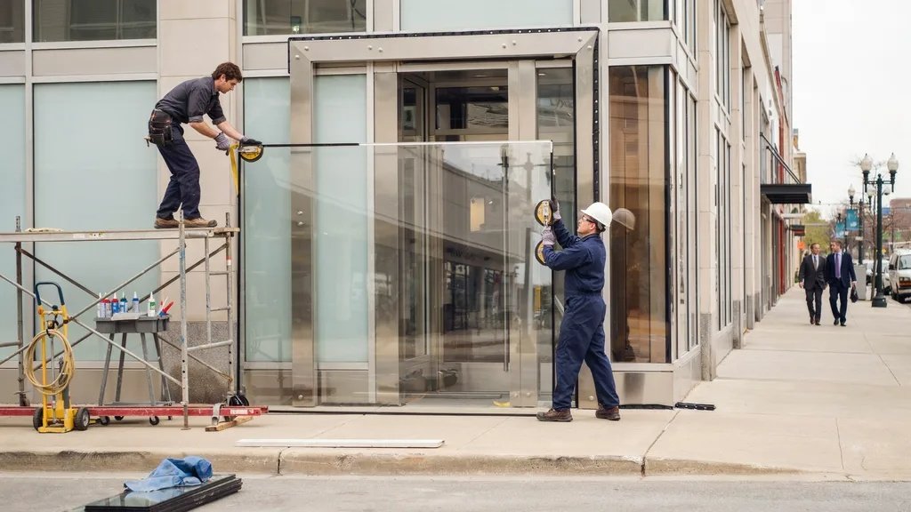 Modern storefront glass replacement showing factors like glass type, size, labor, and installation complexity.