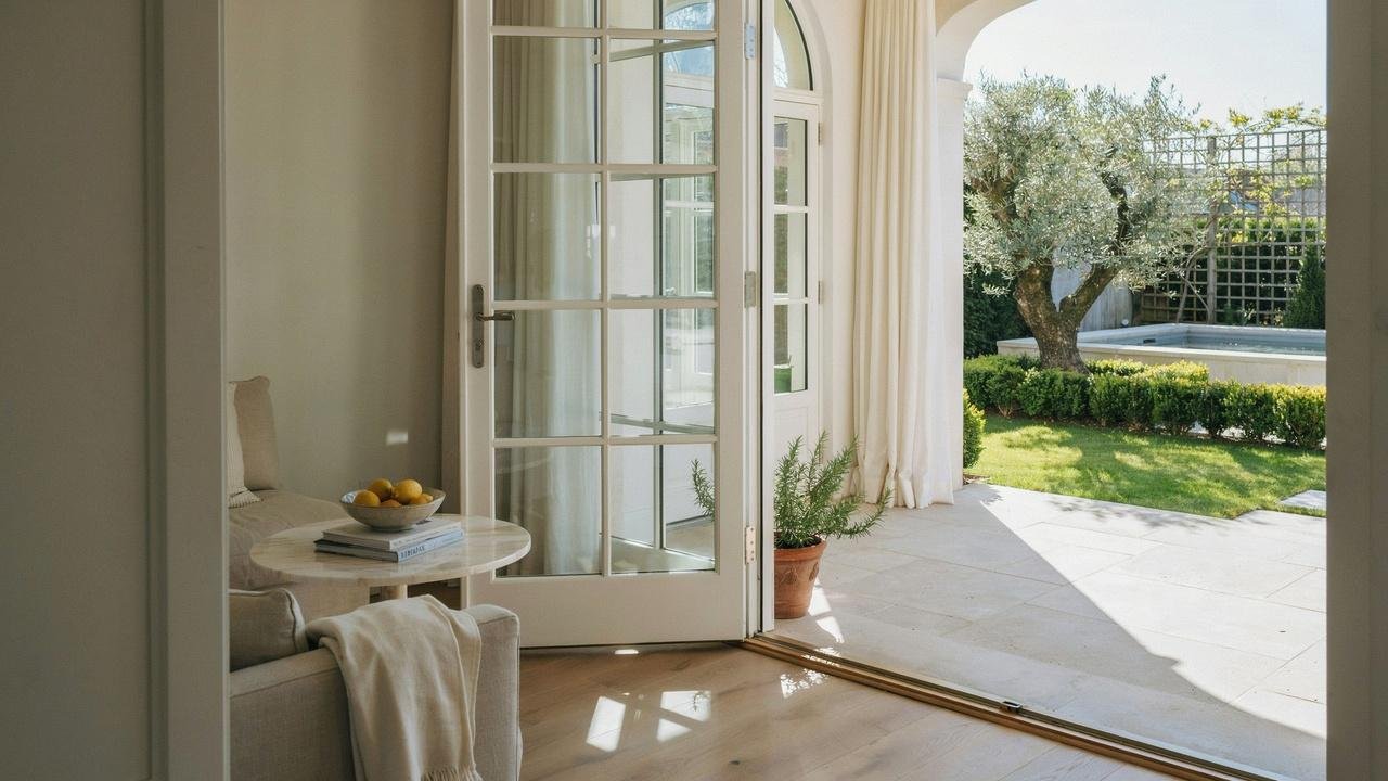 French doors with glass panels opening to a bright backyard patio.