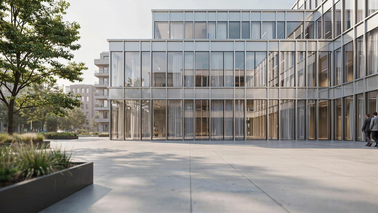Modern building showcasing glass glazing systems in construction.