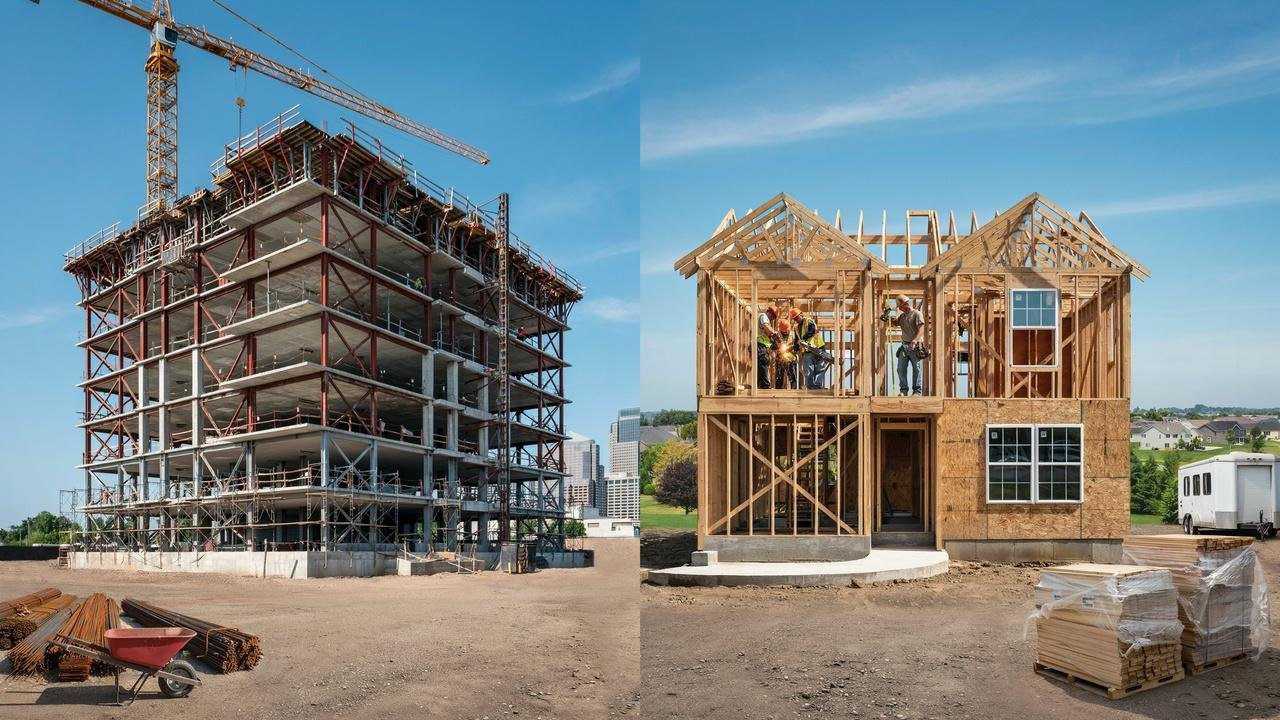 Modern commercial building and residential home under construction shown side by side for comparison.