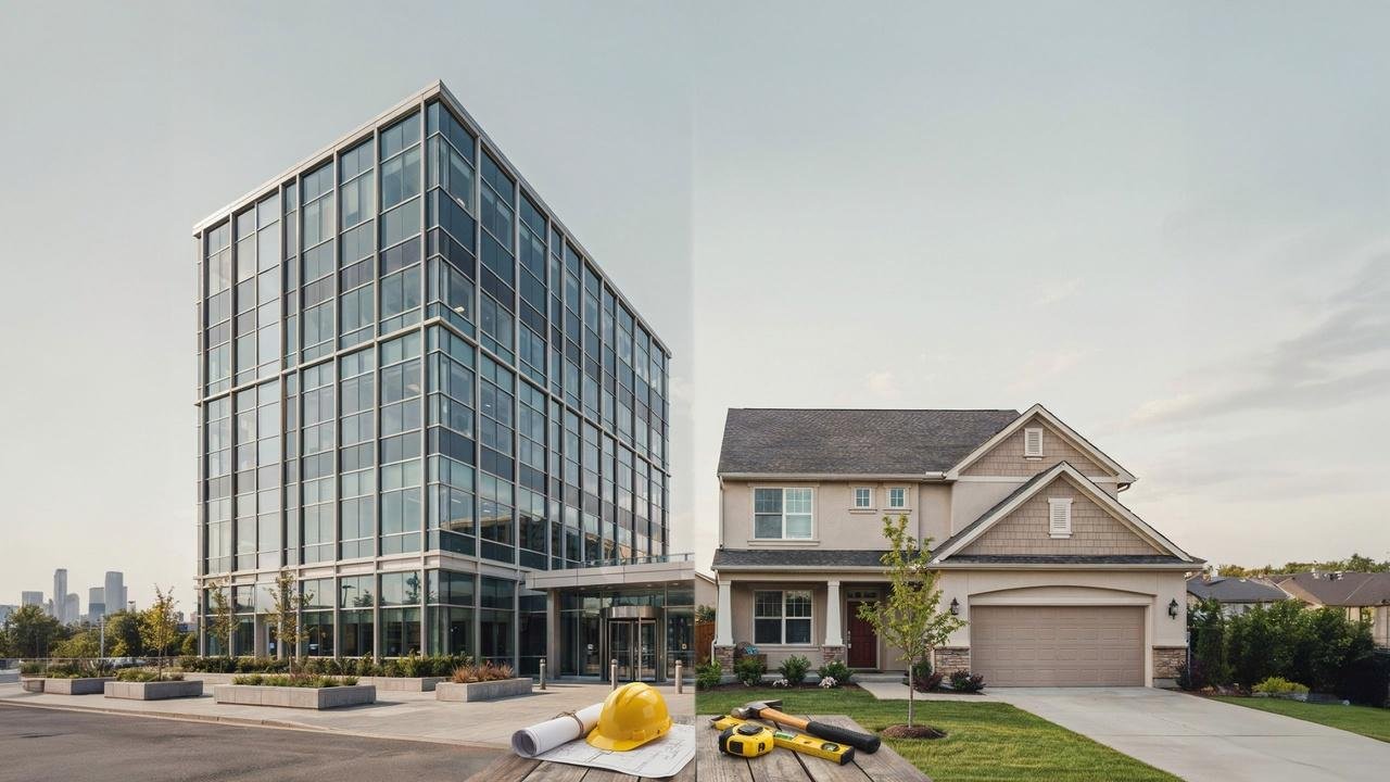 Comparison of completed commercial and residential buildings highlighting different construction approaches.