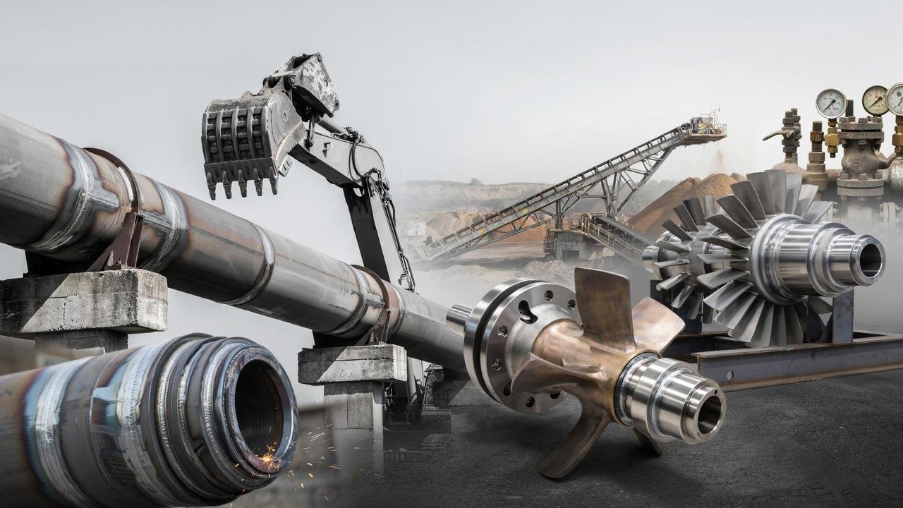 Collection of industrial equipment including pipelines, mining machinery, turbines, and marine components protected by weld overlay cladding.