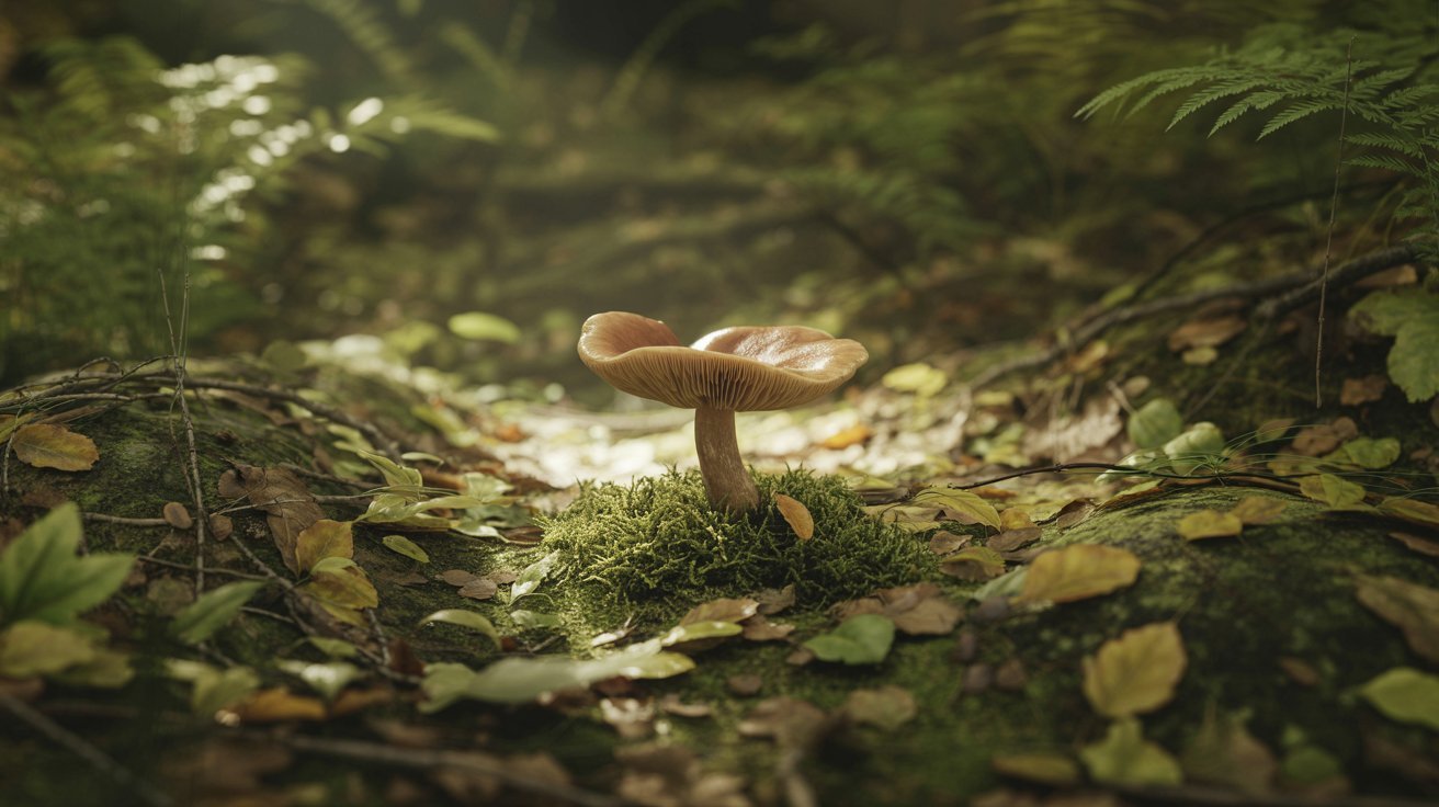 Realistic mushroom growing in a forest representing the answer to the room with no doors or windows riddle.