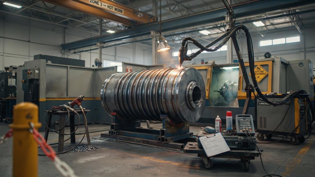 Technician inspecting a freshly clad metal component after the weld overlay process.