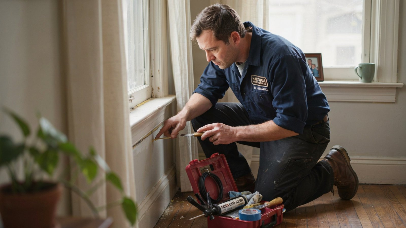 Window technician inspecting seals and frame components during repair work.