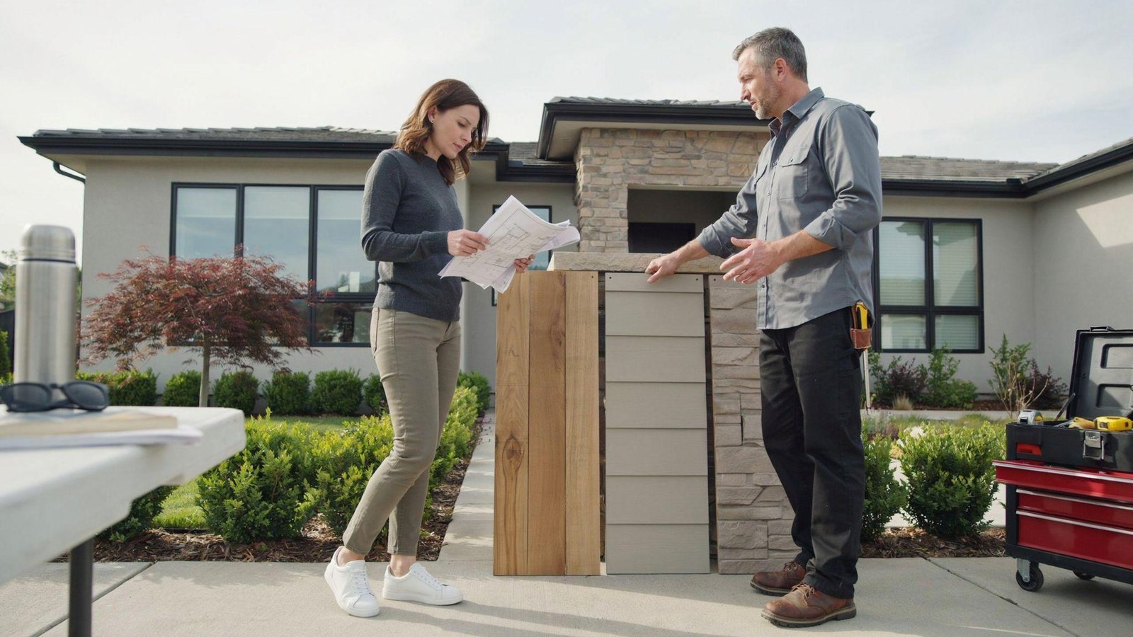 Homeowner and contractor comparing EIFS and stucco options for an exterior project.