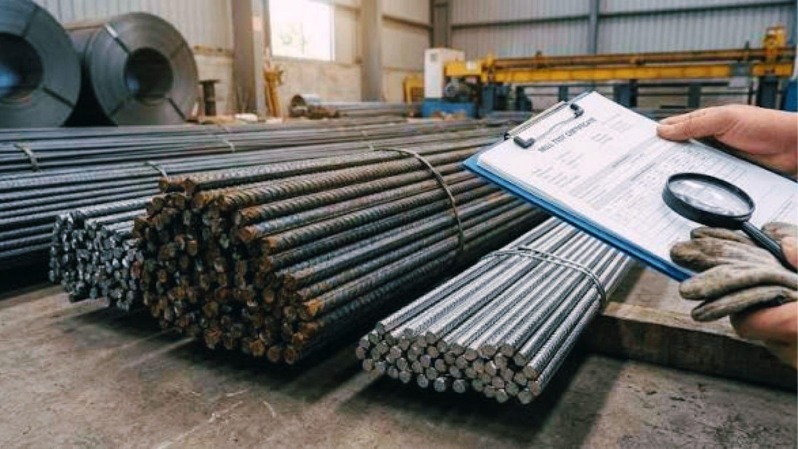 Worker inspecting bundled steel rebar with mill test certificate to verify quality and grade standards