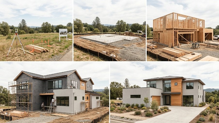 Custom home building process showing the journey from planning and construction to a finished house.
