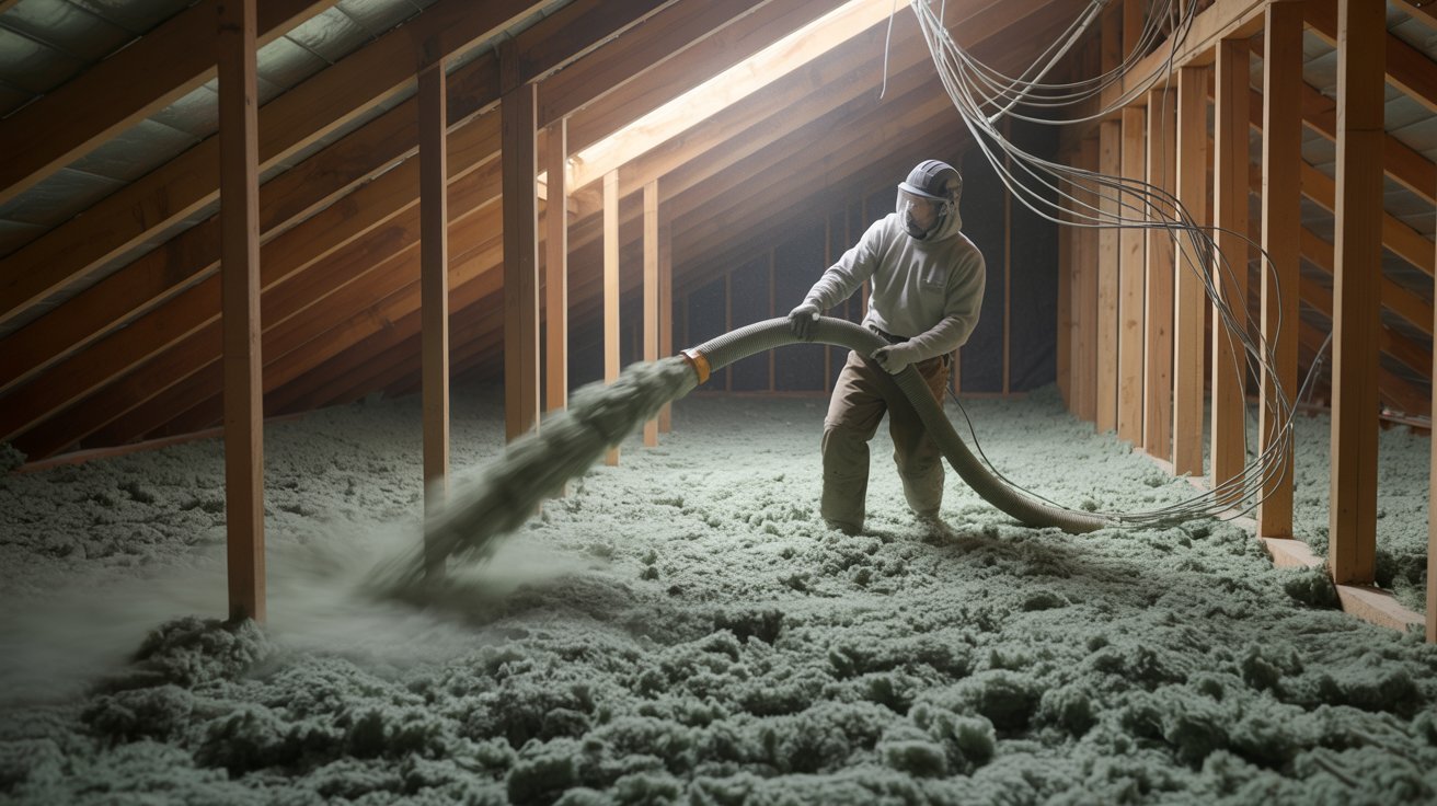 Worker installing cellulose insulation in an attic.