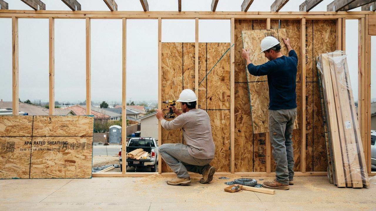 OSB sheathing attached to exterior wall framing.