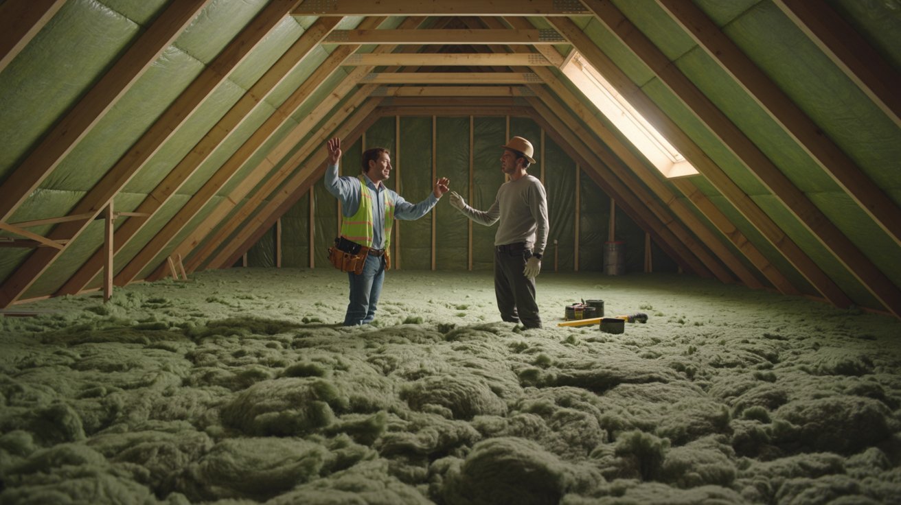 Large home attic with blown-in cellulose insulation.