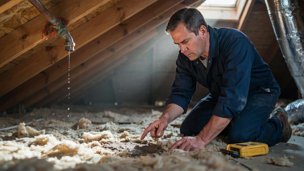 Cellulose insulation near a roof leak causing moisture concerns.