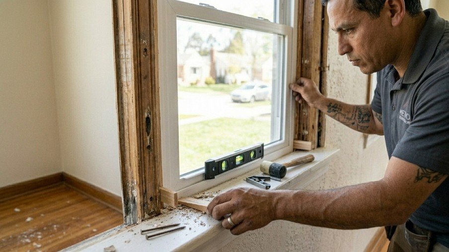 Installing and leveling a new replacement window inside an existing frame.