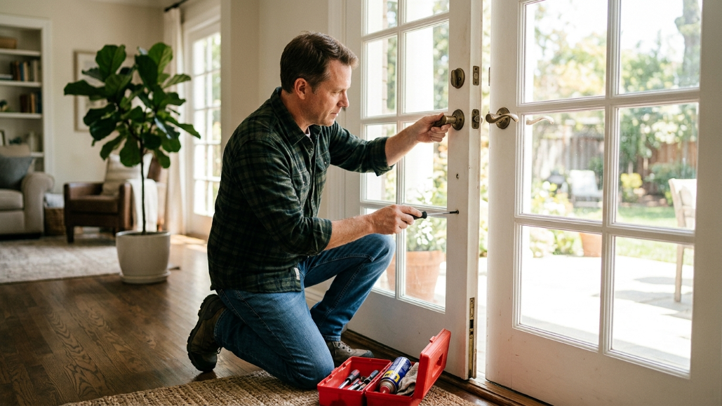 Homeowner performing routine maintenance on French door locks, hinges, and security hardware.