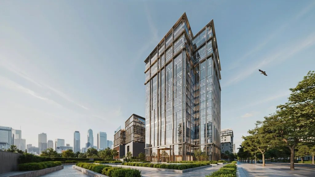 Semi-unitized curtain wall system with glass panels on a modern building.