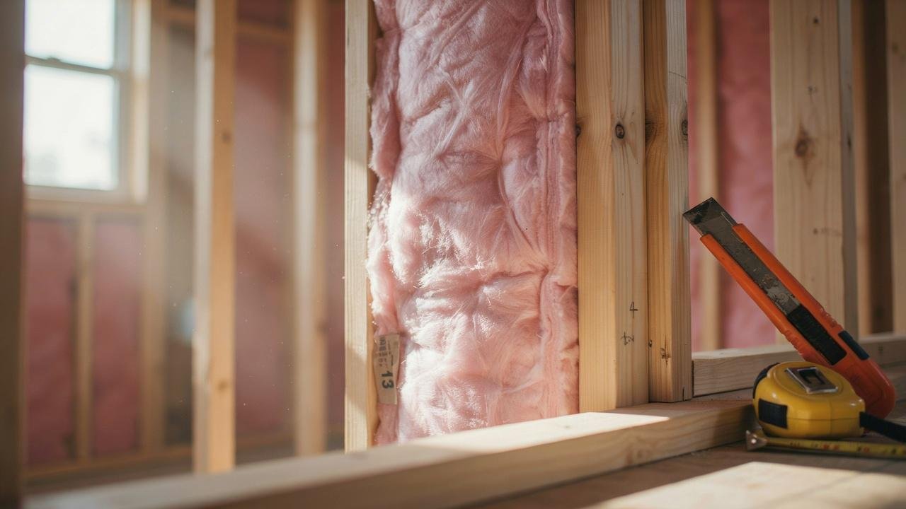 Pre-cut batt insulation installed between wall studs in a residential home. 